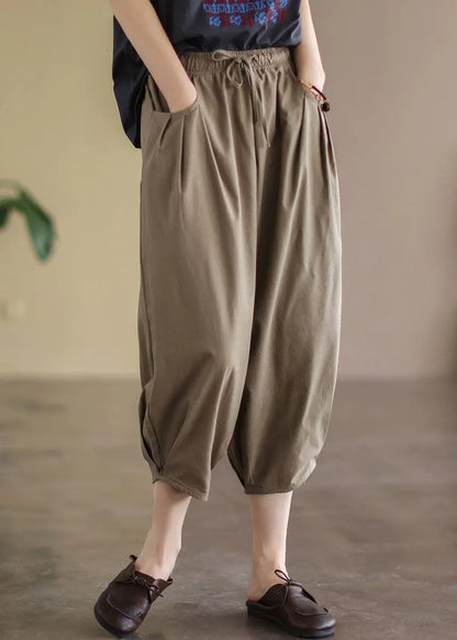 Chocolate Loose Linen Harem Pants Elastic Waist Drawstring Summer