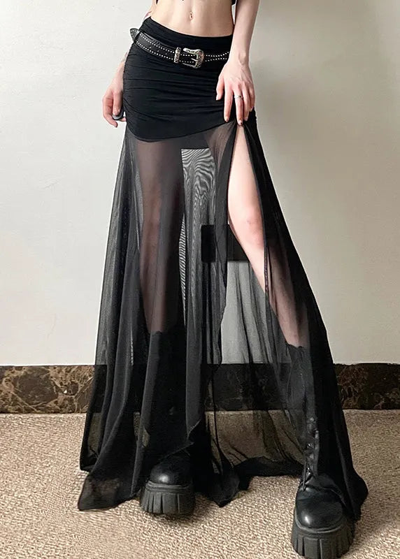 Black Cinched Side Open Tulle Skirts Summer