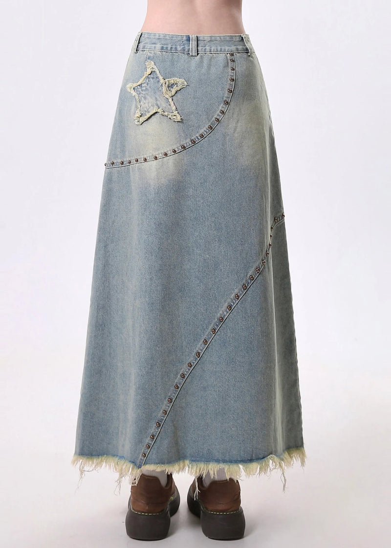 Blue Tasseled Patchwork Rivet Denim a Line Skirt Spring