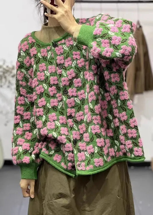 Pink O Neck Button Patchwork Cotton Knit Coats Long Sleeve