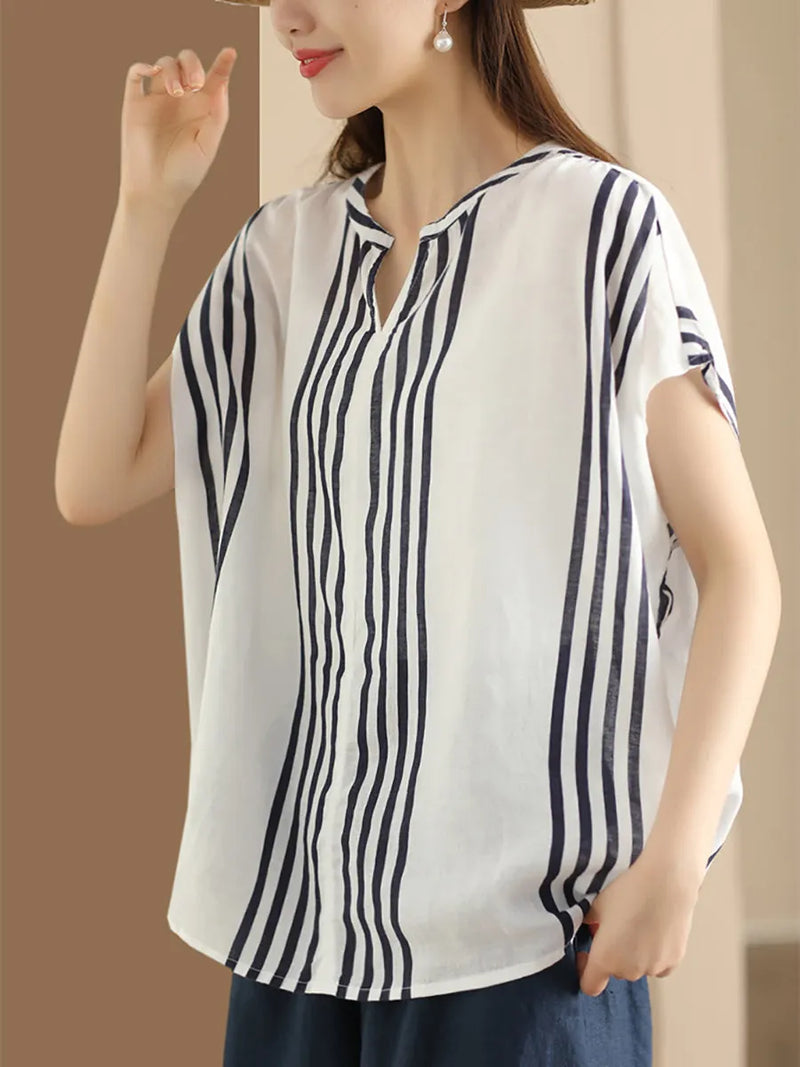 Summer Artsy Stripe V-neck Thin Linen Shirt