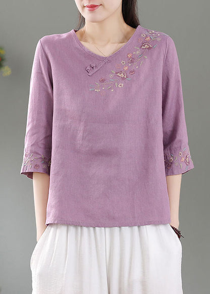 Purple Patchwork Linen Shirt Top O-neck Embroidered Three Quarter Sleeve