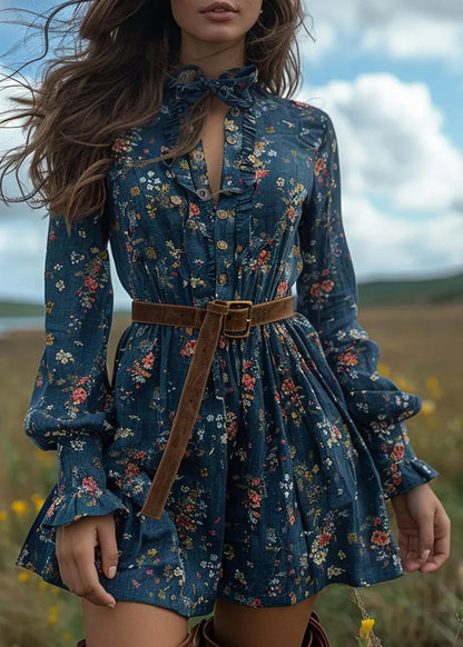 Blue Ruffled Print Cotton Short Dresses Long Sleeve