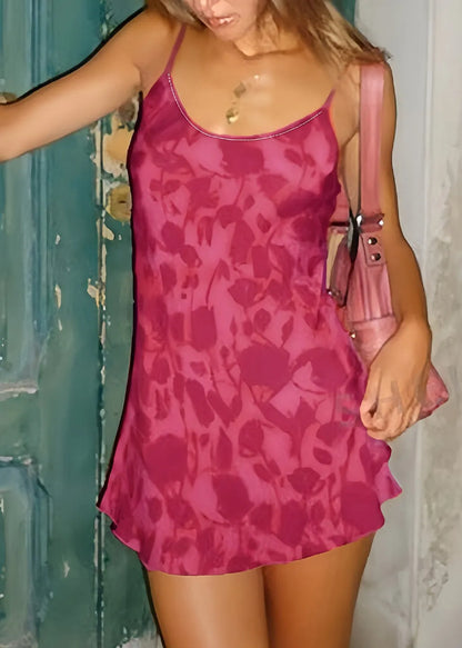 French Rose Print Mini Spaghetti Strap Dress Summer