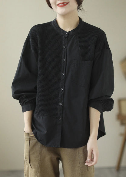 Black O-neck Button Cotton Tops Long Sleeve