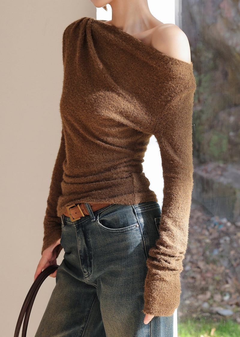 Coffee Hollow Out Knit T Shirts Long Sleeve
