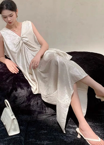 Silvery White V Neck Silk Maxi Dresses Sleeveless
