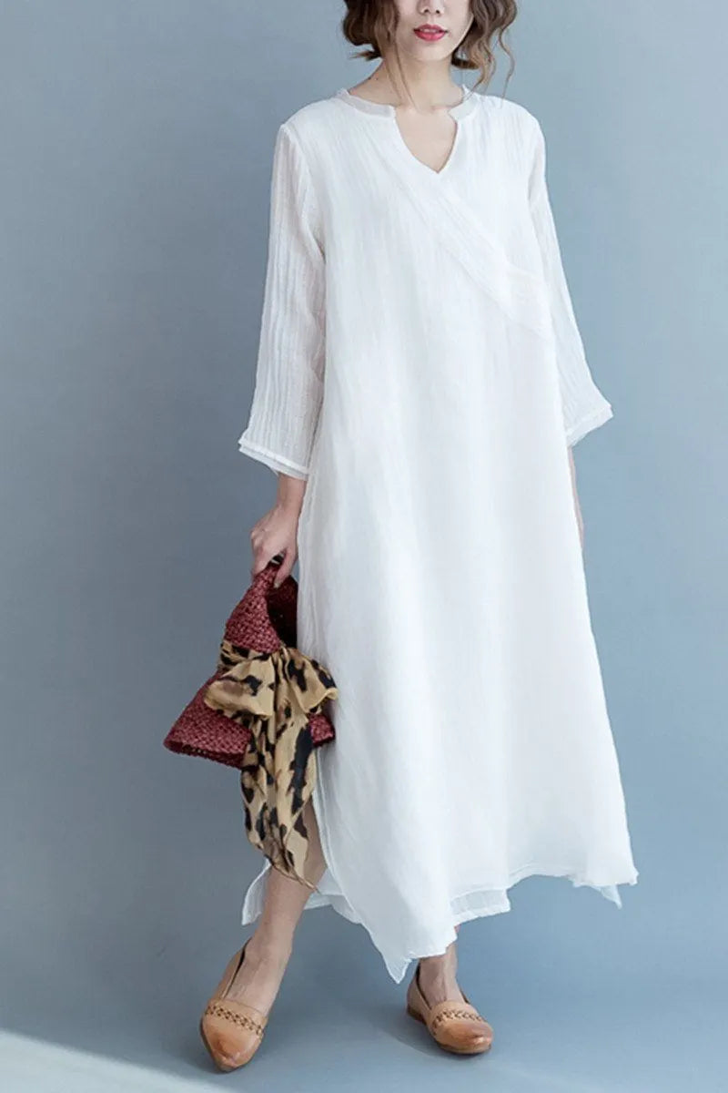 White Silk Linen Long Summer Dresses V-neck Clothing