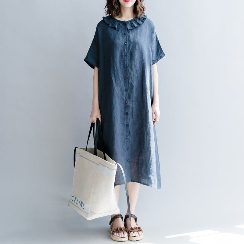 Navy Cotton Linen Dress Dress Fine Short Sleeve Patchwork Peter Pan Collar Pockets Cotton Linen Dresses