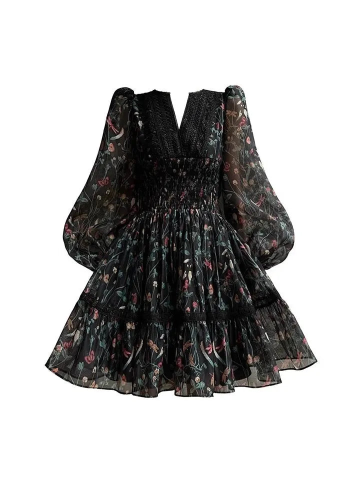 Black V Neck Print Lace Patchwork Chiffon Short Dress Long Sleeve