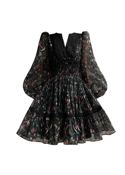 Black V Neck Print Lace Patchwork Chiffon Short Dress Long Sleeve