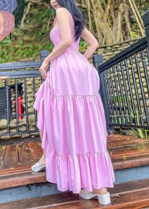 Pink Wrinkled Cotton Spaghetti Strap Dress Sleeveless
