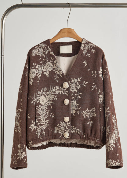 Brown Embroidered Decorated Cotton Jackets Fall