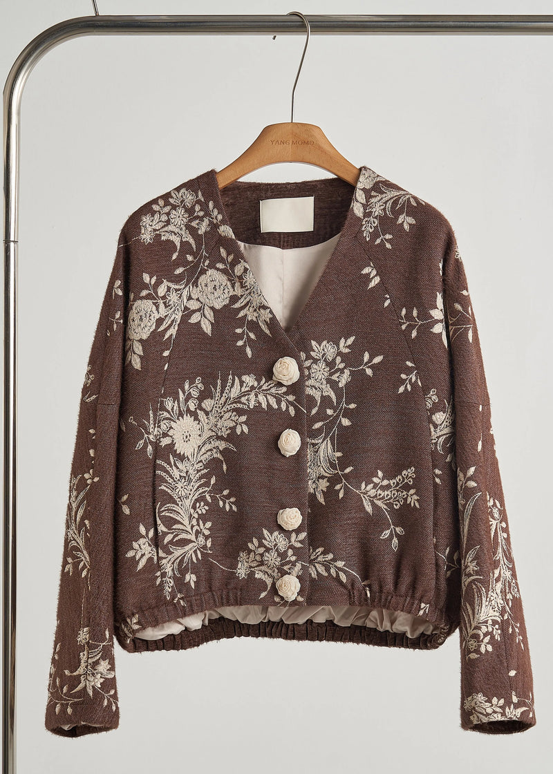 Brown Embroidered Decorated Cotton Jackets Fall