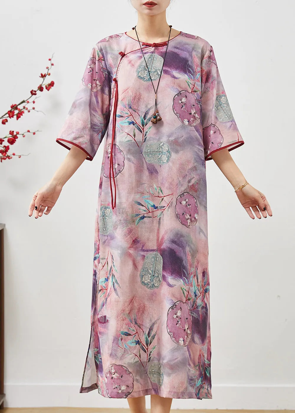Purple Tasseled Print Cotton Cheongsam Dresses Summer