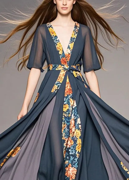 Charcoal Grey Cinched Patchwork Exra Large Hem Chiffon Dresses Summer