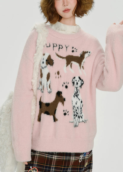 Cozy Pink Puppy Jacquard Knitted Tops Winter