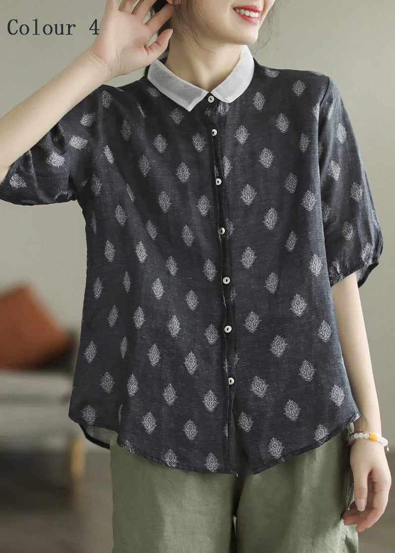 Colour 1 Peter Pan Collar Print Button Linen Shirt Half Sleeve