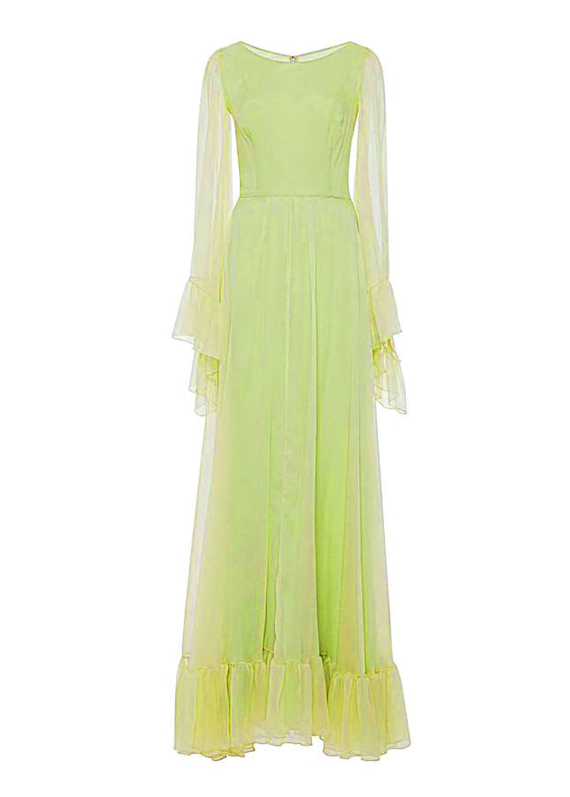Green Ruffled Patchwork Silk Dresses Spring