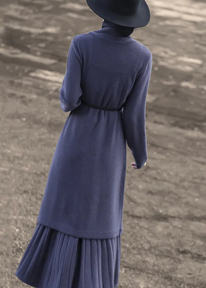 New Blue Turtleneck Tops and Skirts Wool Knit Two-piece Set Winter