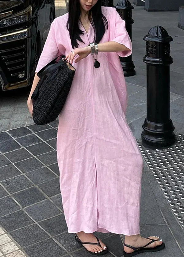 Pink V Neck Cotton Long Dresses Summer
