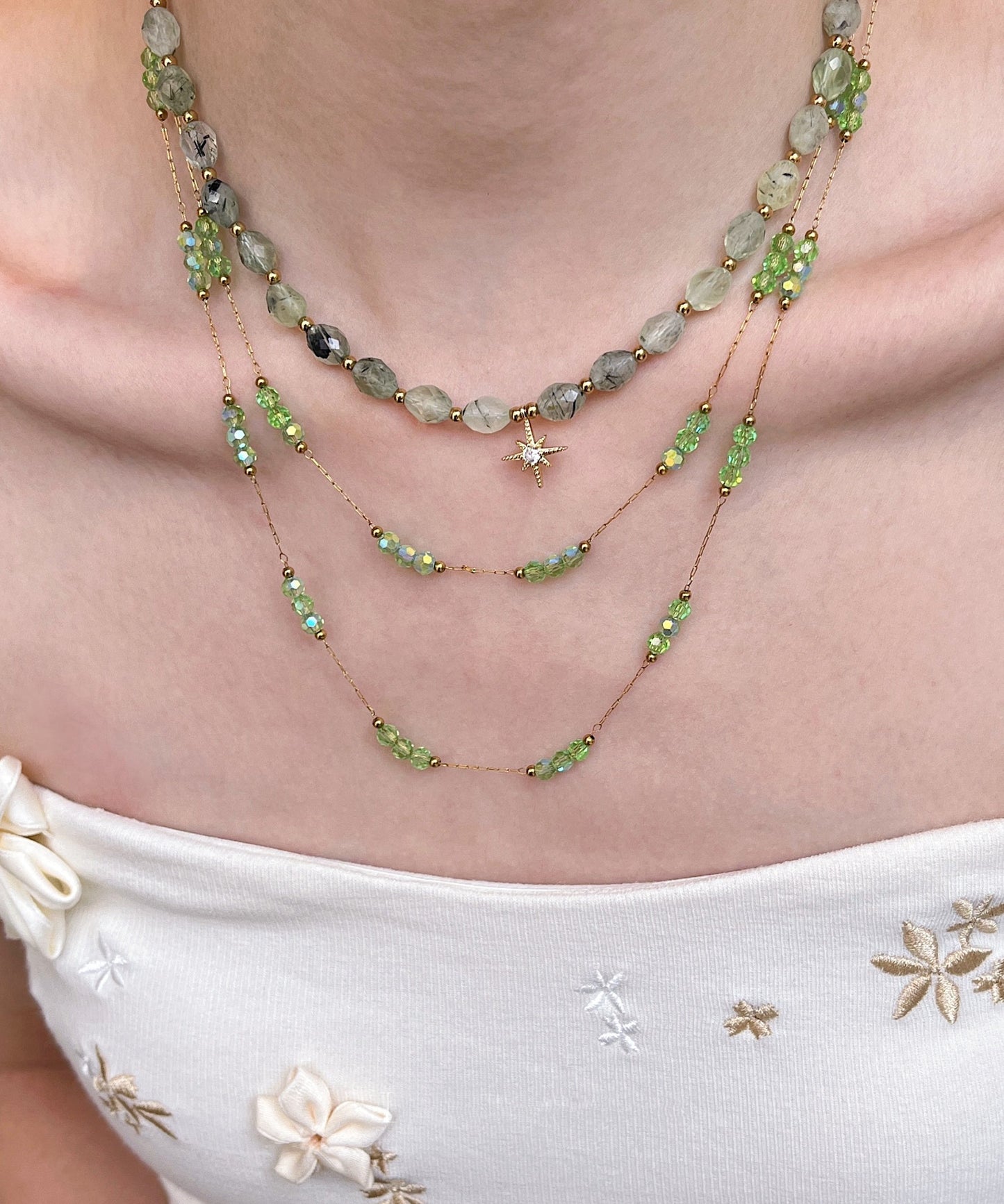 Green String Beads Layering Alloy Two Piece Set Necklace