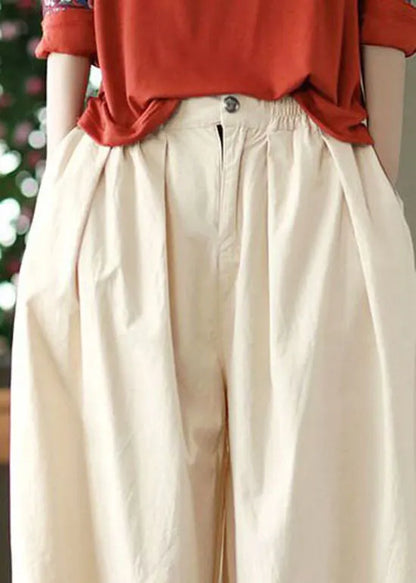 Beige Pockets Wrinkled Patchwork Linen Crop Pants Summer