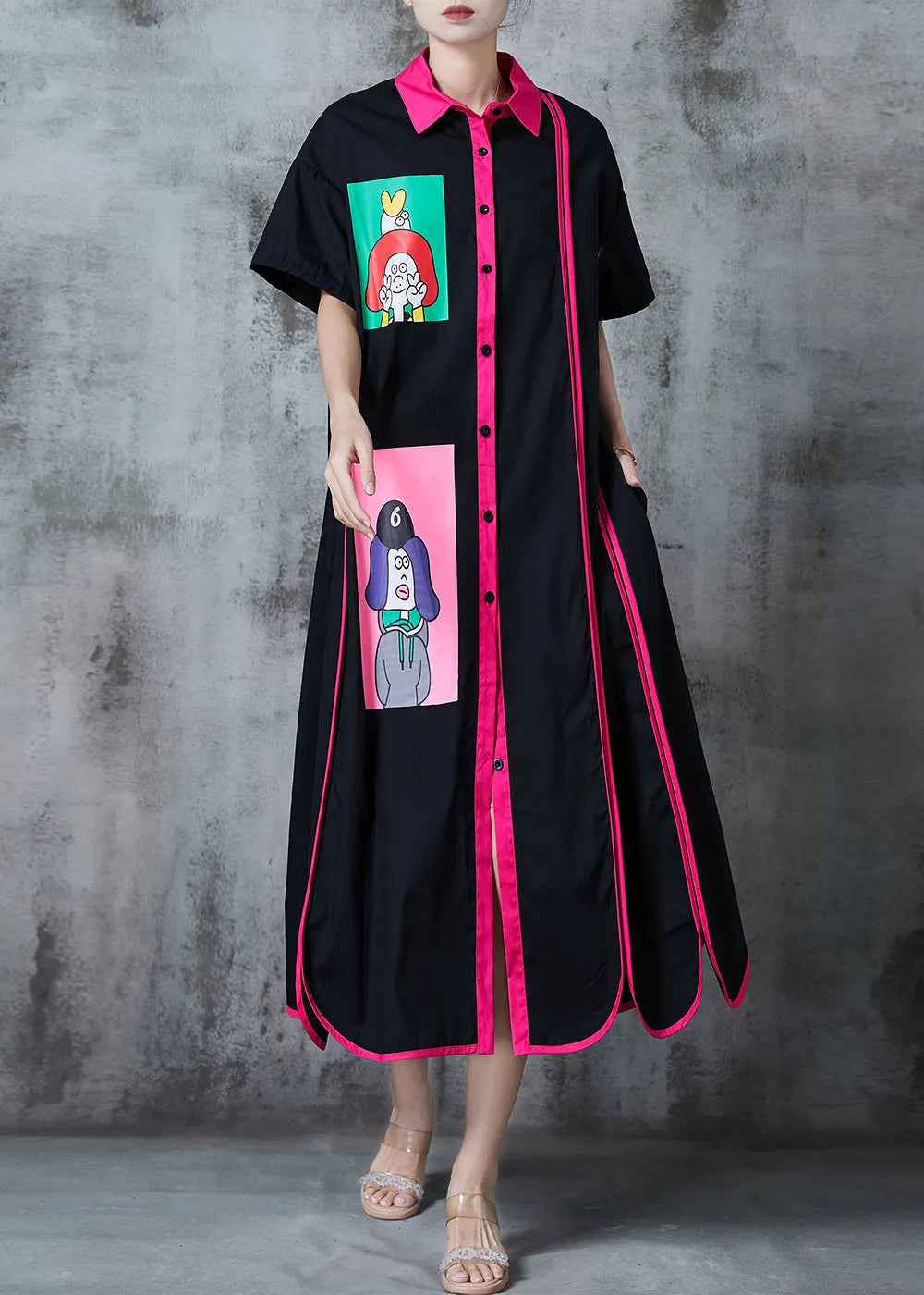 Black Applique Patchwork Cotton Vacation Dresses Summer