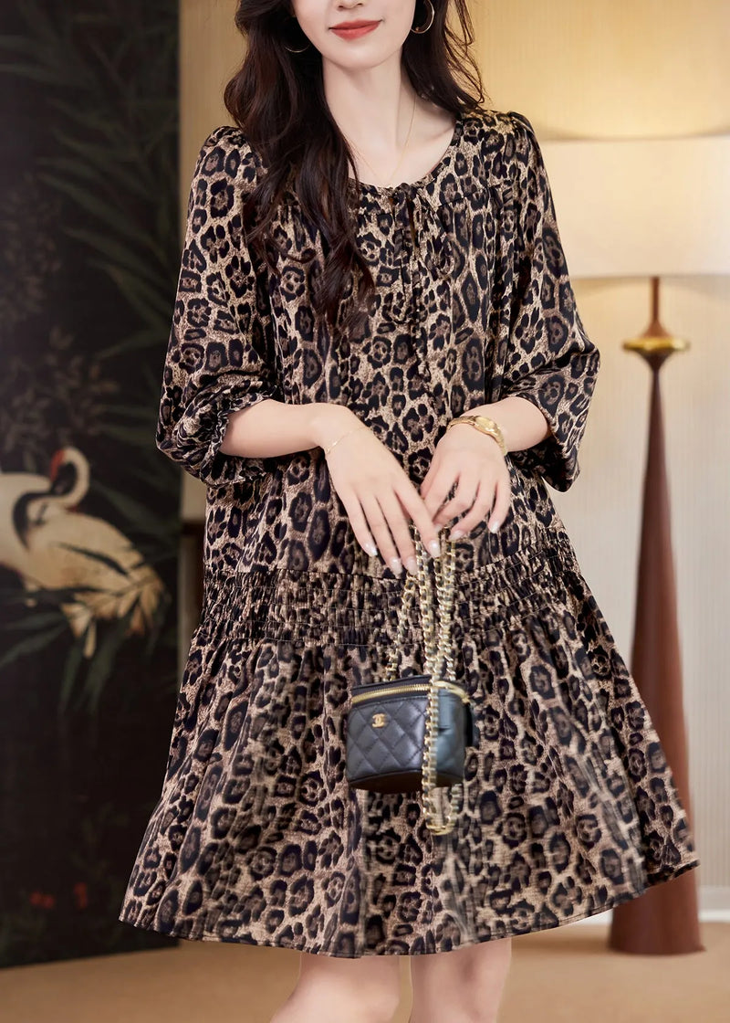Coffee Leopard Print Elastic Waist Mid Dresses Fall