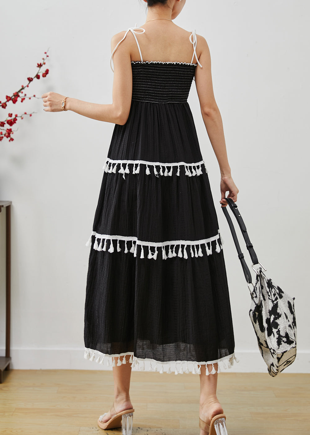 Black Tasseled Cotton Summer Spaghetti Strap Dress