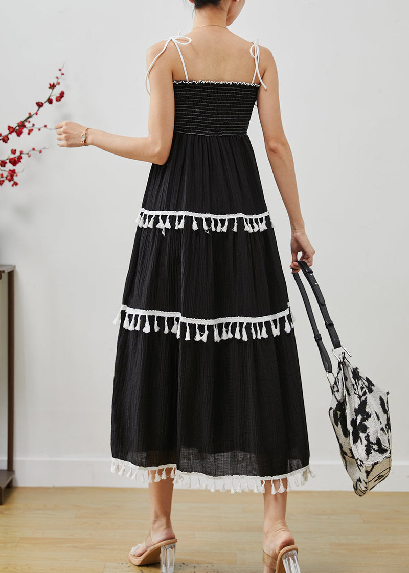 Black Tasseled Cotton Summer Spaghetti Strap Dress