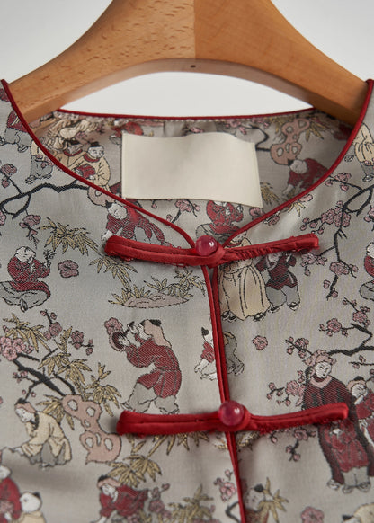 Retro Grey Oversized Print Cotton Oriental Jacket Fall