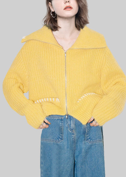 Yellow Peter Pan Collar Zippered Cotton Knit Cardigans Fal