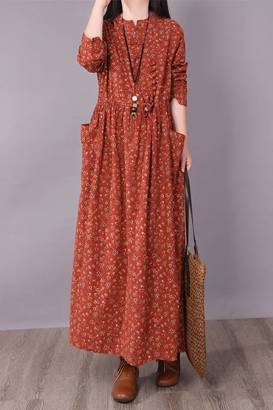 Fall Retro Disc Buckle Dress Waist Dress