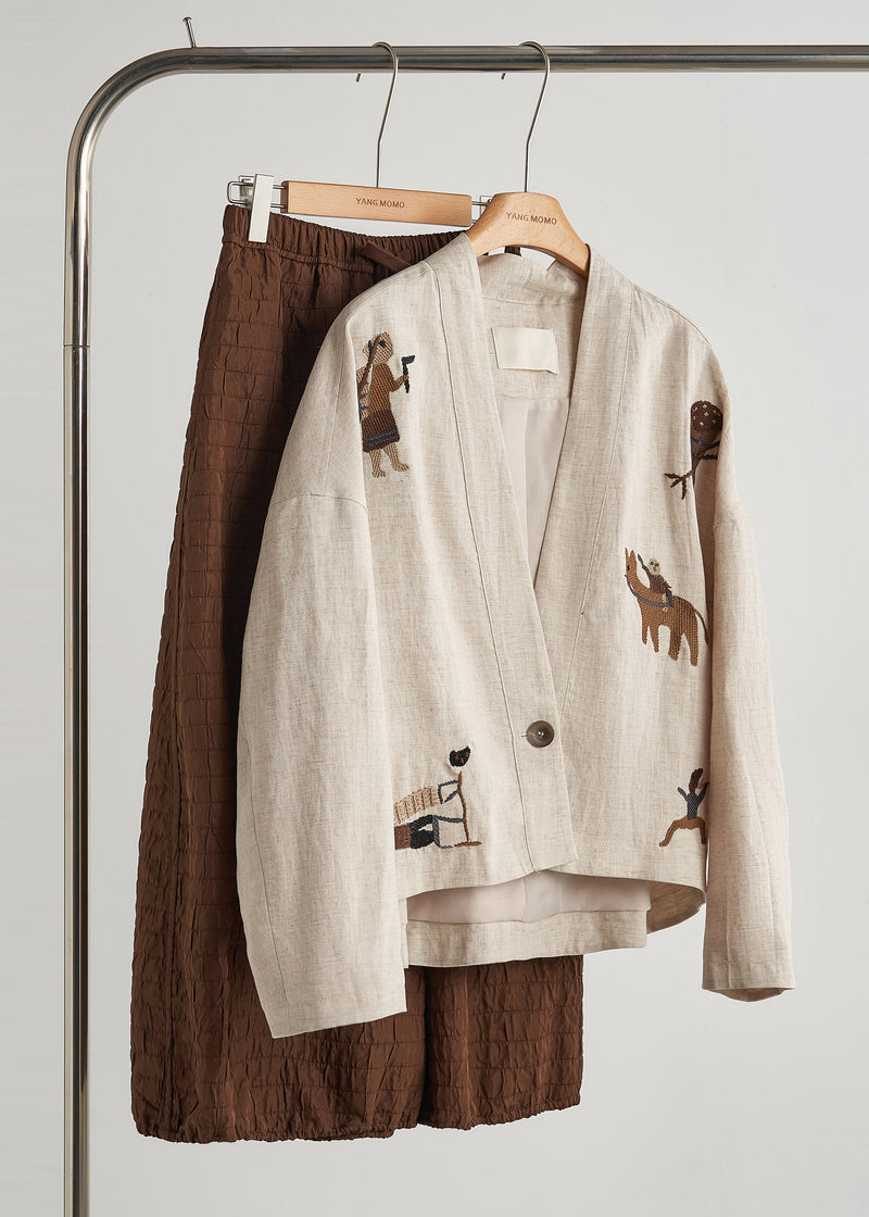 Beige Embroidered Oversized Linen Coat Fall