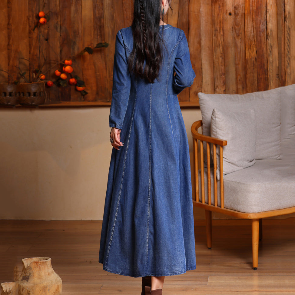 Navy V Neck Embroidered Button Long Denim Dresses Long Sleeve