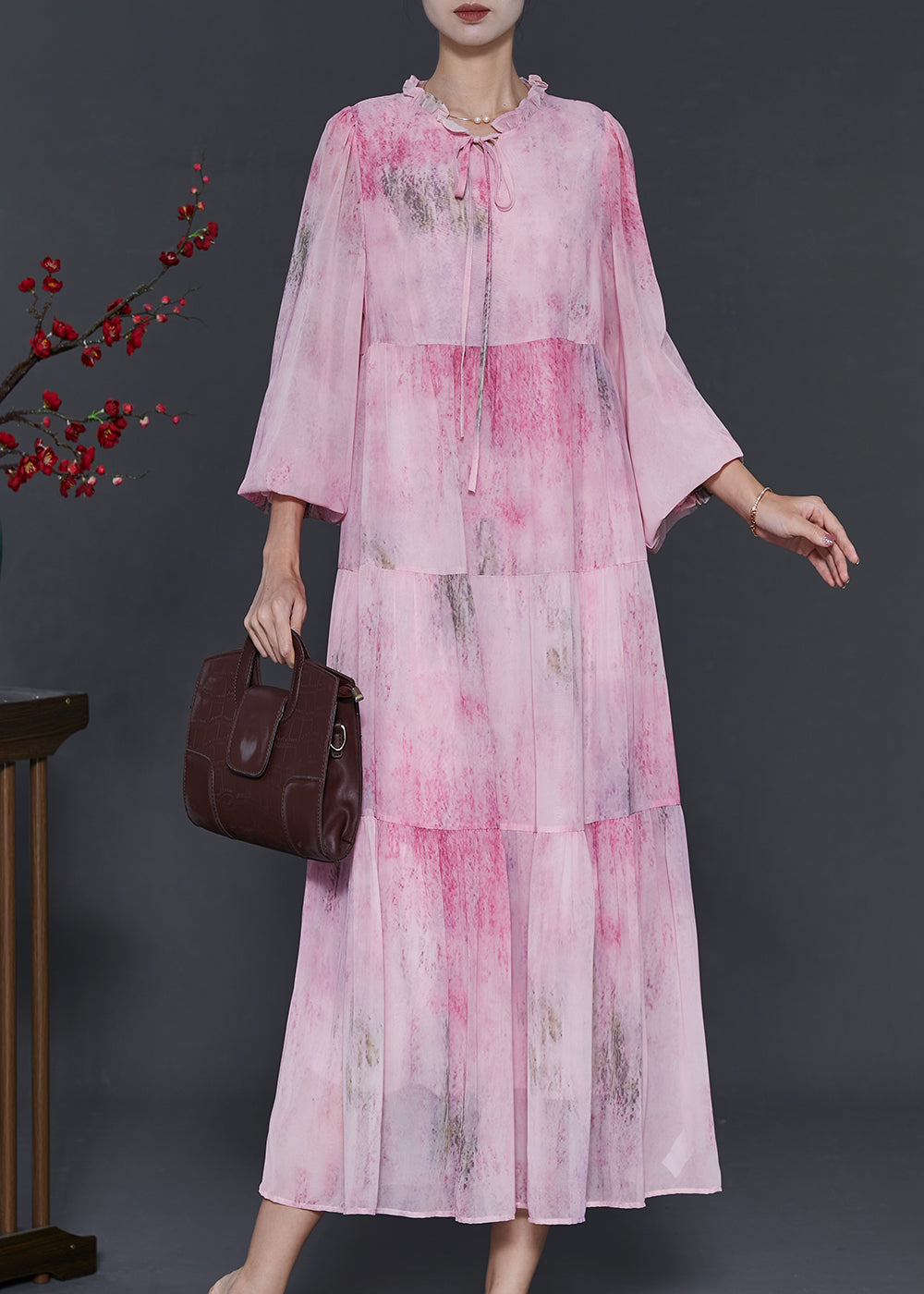 Pink Ruffled Tie Dye Chiffon Maxi Dress Fall