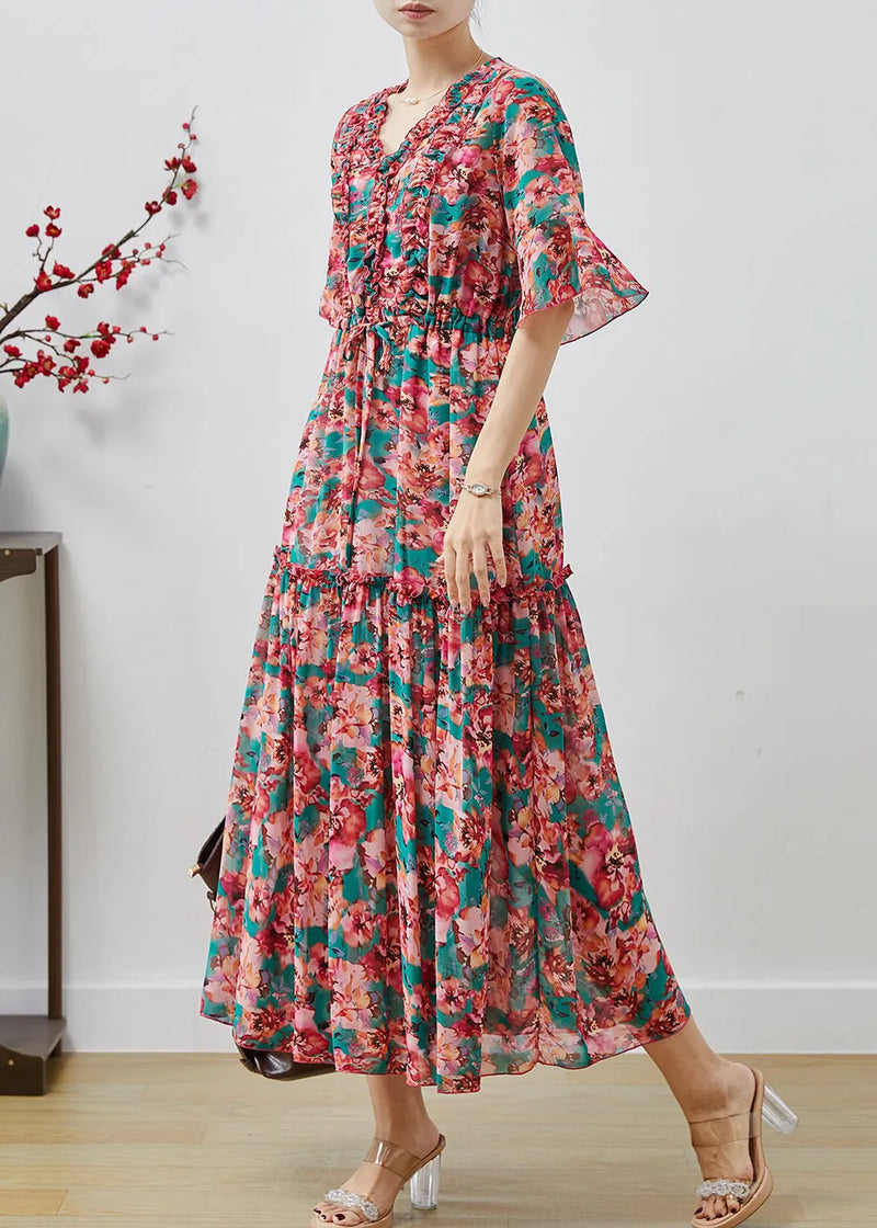 Modern Red Ruffled Print Chiffon Maxi Dresses Summer