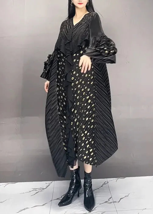 French Black Wrinkled Print Patchwork Cotton Long Dress Fall