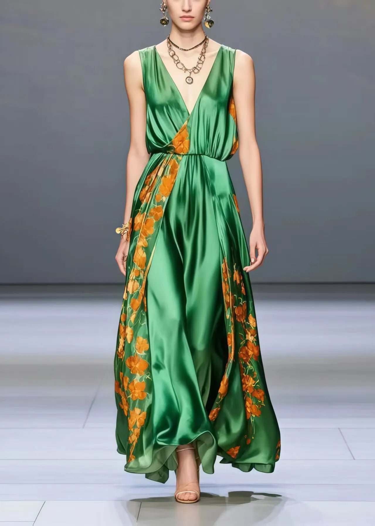 Peacock Green V Neck Print Silk Holiday Dress Sleeveless