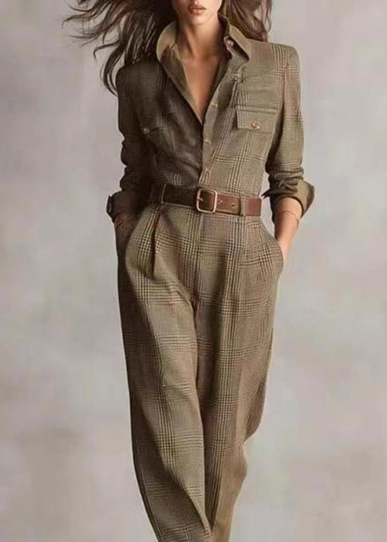 Modern Khaki Peter Pan Collar Plaid Cotton Jumpsuit Fall