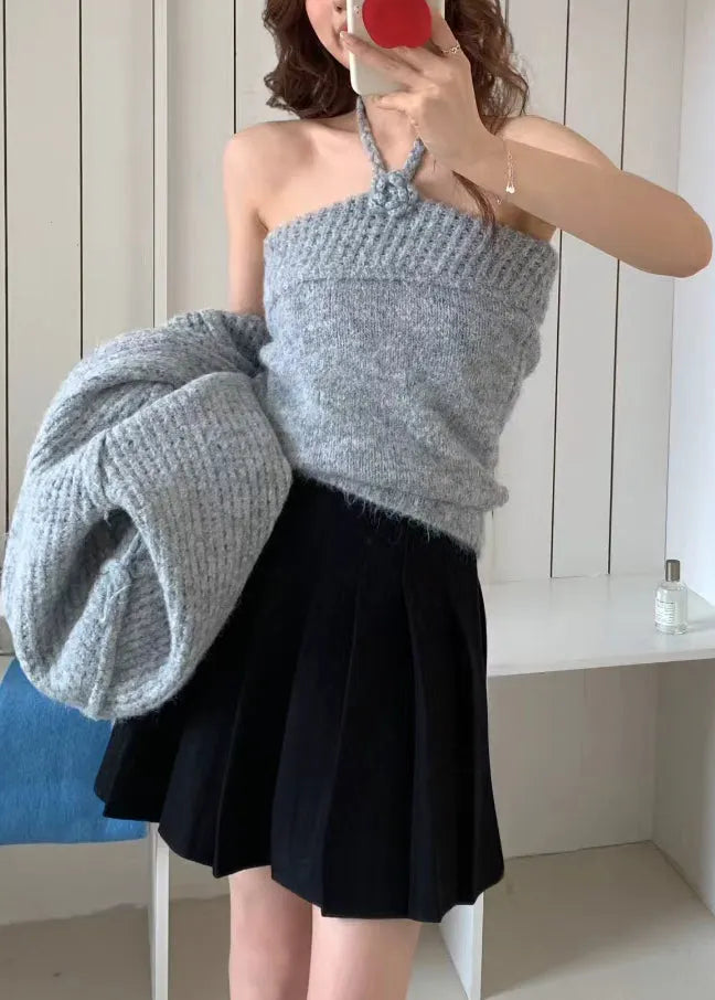 Grey Halter Knit Cardigan Two Pieces Set Winter