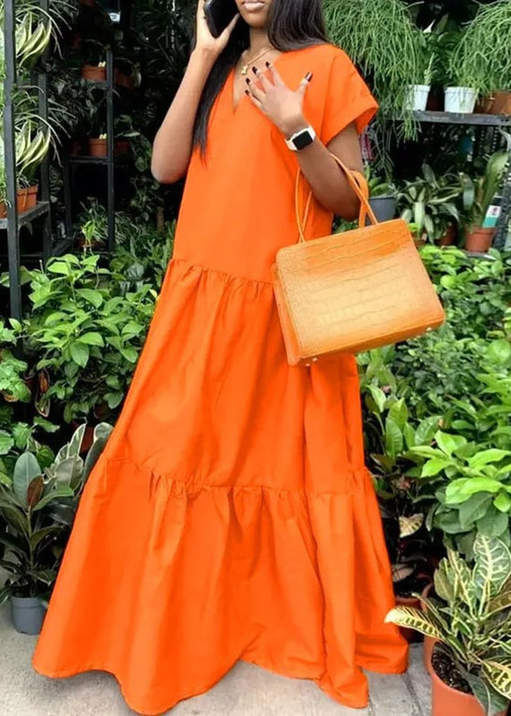 Orange V Neck Patchwork Long Dress Summer