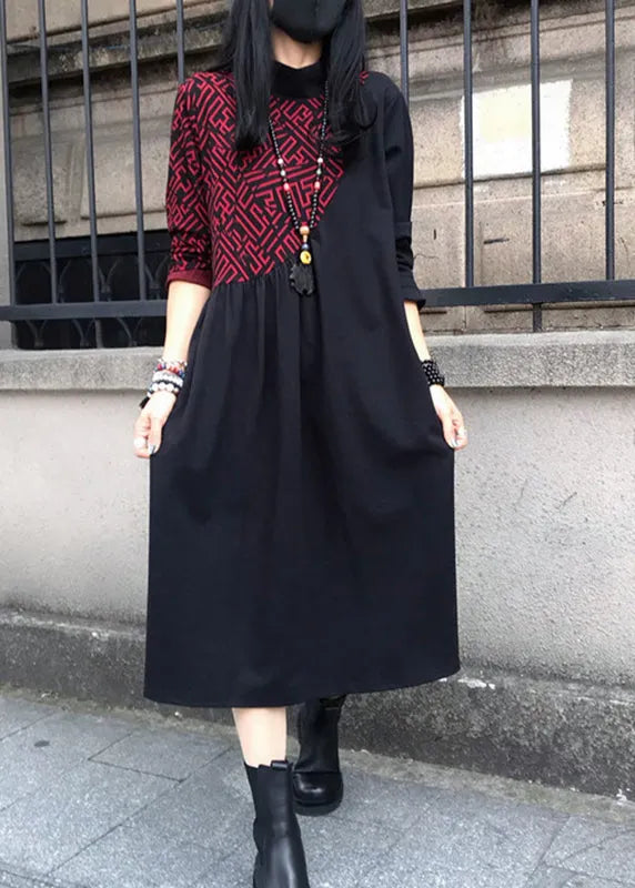 Red O-neck Print Wrinkled Cotton Maxi Dresses Long Sleeve