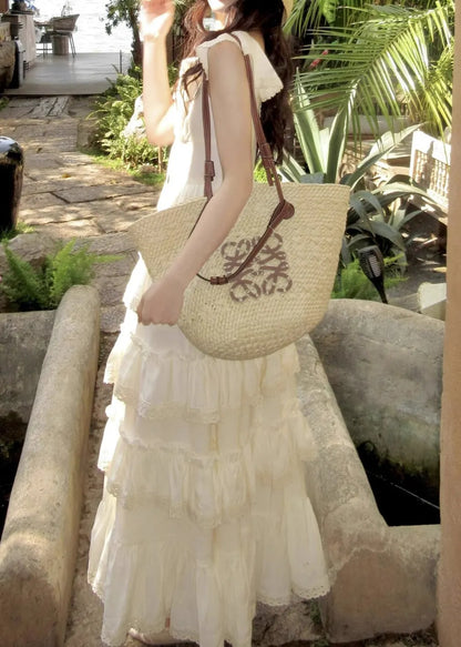 French Apricot V Neck Wrinkled Patchwork Chiffon Long Dress Summer