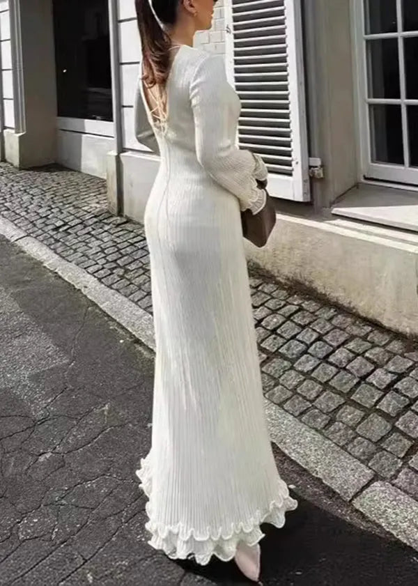 Slim Fit White O-neck Ruffled Patchwork Knit Long Dress Spring