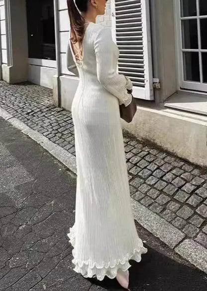Slim Fit White O-neck Ruffled Patchwork Knit Long Dress Spring