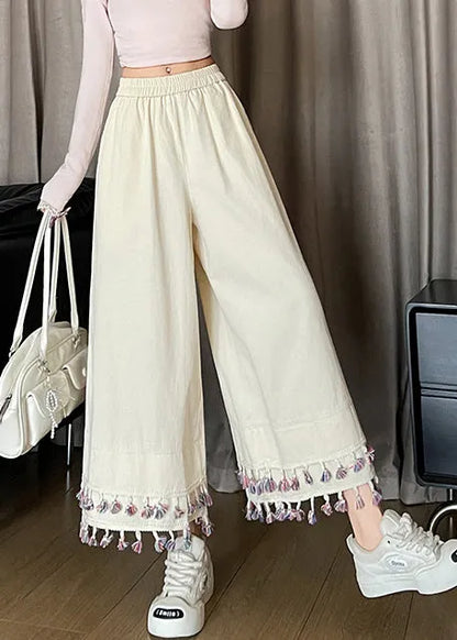 White Tasseled Patchwork Cotton Crop Pants Fall
