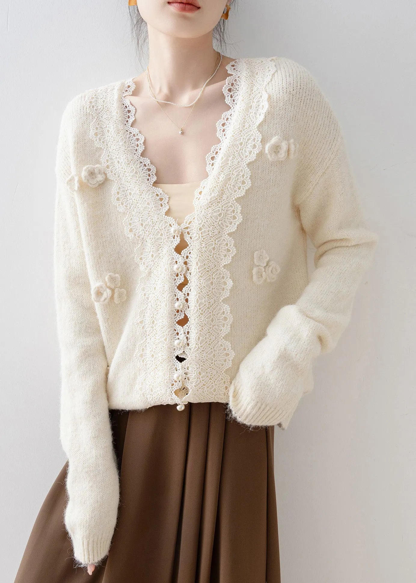 Beige V Neck Lace Button Knit Cardigan Spring
