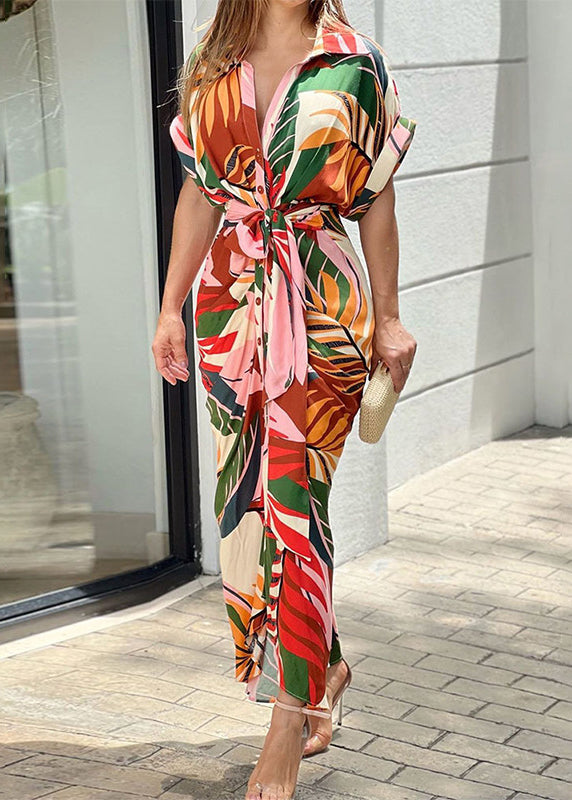 Pink Peter Pan Collar Print Tie Waist Cotton Shirts Dress Summer